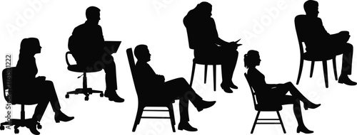 Seated silhouettes, people on chairs, posture study, office chair, reading figure, laptop use, lifestyle art, ergonomics illustration, activity design