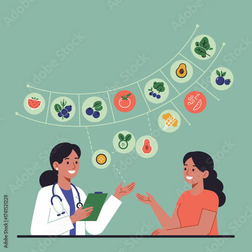 A nutritionist provides personalized dietary advice to a smiling patient, illustrating a balanced healthy eating plan with diverse fresh produce.
