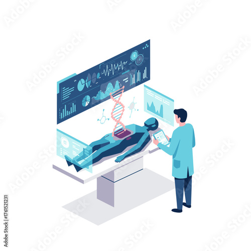 A medical professional expertly employs advanced holographic technology and artificial intelligence to analyze a patient's genetic data and internal health.