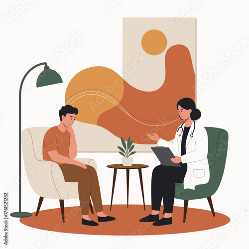 A compassionate female therapist provides professional guidance and emotional support to a distressed male patient during a private counseling session.