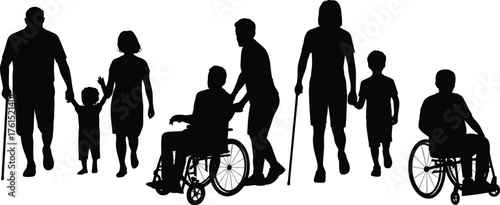 Inclusive silhouettes, people with disabilities, wheelchair figures, family support, child parent bond, accessibility concept, lifestyle art, diversity illustration