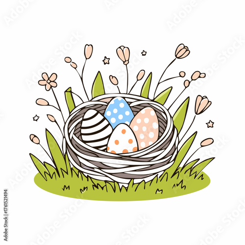 Nest with easter eggs in grass on a sunny spring day - Easter decoration, banner, panorama, background