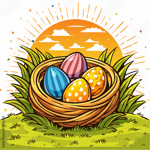 Nest with easter eggs in grass on a sunny spring day - Easter decoration, banner, panorama, background