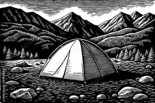 single, simple tent outline placed centrally in a vast, empty mountainous landscape