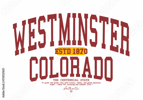 Retro typography college varsity Westminster colorado text with Grunge effect for jersey, t-shirt, or wall art design - Vector