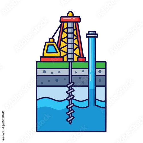 of an oil rig drilling into the ground and reaching water.
