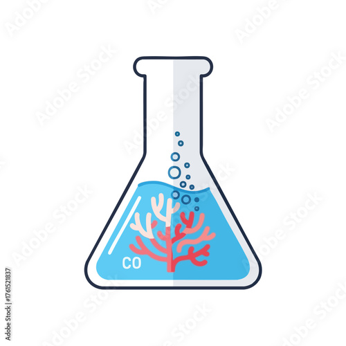 An Erlenmeyer flask containing water with a coral reef and bubbles.