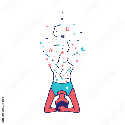 Person in headstand pose with stars and constellations erupting from head.