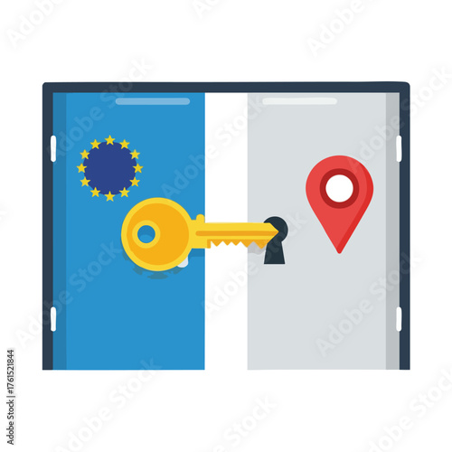 A key unlocks a door, symbolizing access to the EU and a location.
