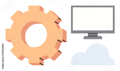 Gear, cloud, and computer display highlight technological innovation, system processes, and cloud infrastructure. Ideal for business, IT, development, networking computing data simple flat