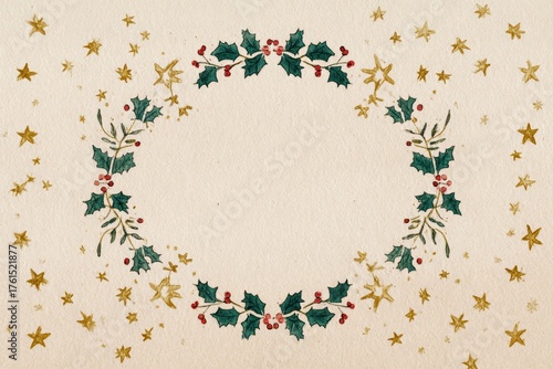 Watercolor Christmas Frame with Holly Leaves, Red Berries and Gold Stars on Beige Paper Background for Holiday Greeting Design