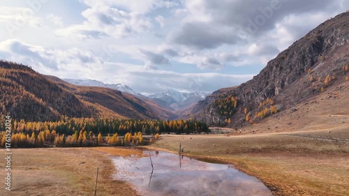 Explore the vibrant colors of autumn in the Altai region, with expansive valleys, majestic mountains, and a serene reflective water scene creating a picturesque landscape.