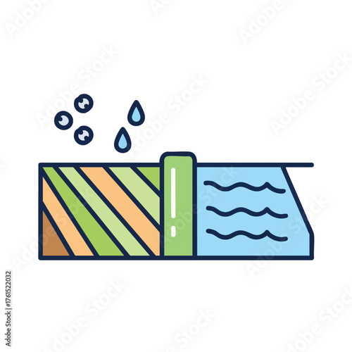 A stylized of a dam with water and rain.