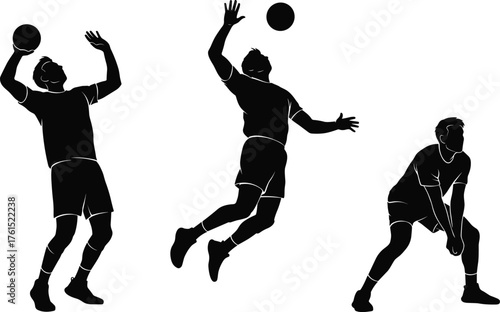 Volleyball silhouettes, players in action, serve spike dig, sports illustration, athletic movement, fitness concept, lifestyle art, competition posture design