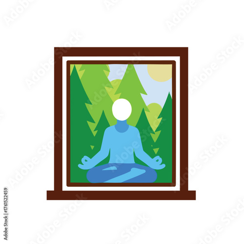 Person meditating in a stylized forest scene, promoting mindfulness.