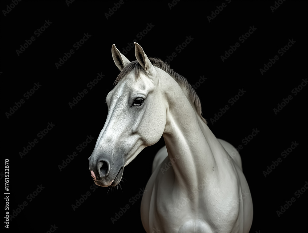 Fototapeta premium Majestic white horse poses elegantly against a black background highlighting its graceful features and beauty