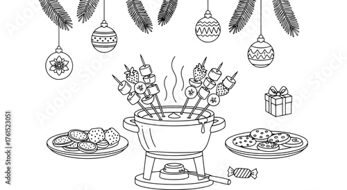 A lovely scene of enjoying chocolate fondue at a Christmas party, complete with fruit and marshmallows. This vector line art illustration beautifully captures the festive moment of the holiday.