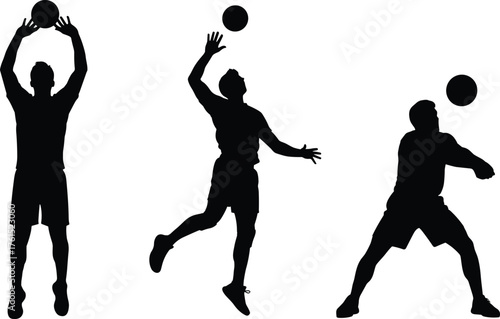 Volleyball silhouettes, players in action, spike block dig, sports illustration, athletic movement, fitness concept, lifestyle art, competition posture design