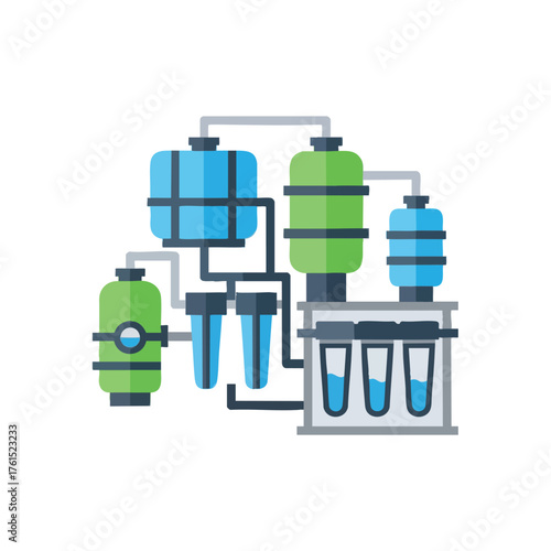 Flat design of a water filtration and purification system.