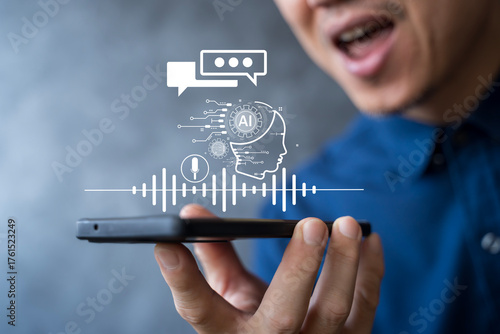 Voice assistant AI technology concept, man using smartphone for virtual voice recognition and machine learning