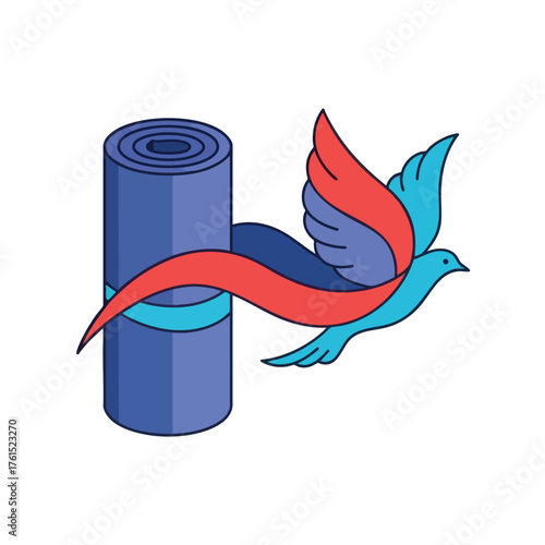 A rolled yoga mat with a bird flying around it with ribbons.