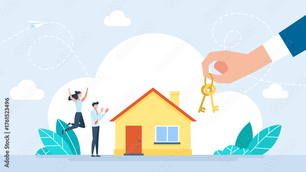 Fototapeta premium Hand holding keys. House, hand holds keys. Banner template on real estate theme, buying, selling, protection, security, property insurance. Sale, rent of real estate. Vector illustration