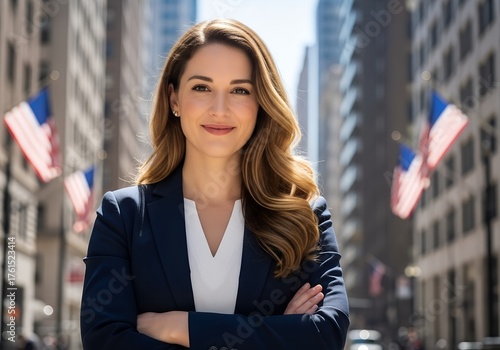 Confident Businesswoman in New York City with American Flags. Leadership and Success Concept