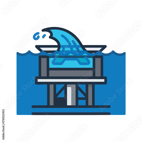 A stylized of a wave crashing over a structure in water.