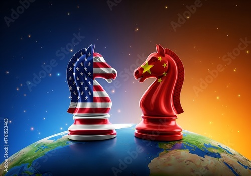 US and China Chess Knights Facing Off on Earth. Geopolitical Tension Concept