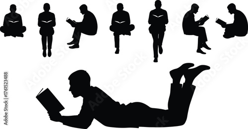 Reading silhouettes, people with books, sitting and lying postures, education concept, lifestyle art, knowledge activity, study illustration, literature design