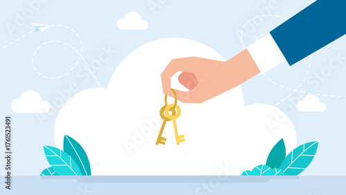 Hand holding keys. Masters hand holding key unlocking, opening door to success. Digital security cybersecurity online shopping key management. Access to secret, security, private. Vector illustration