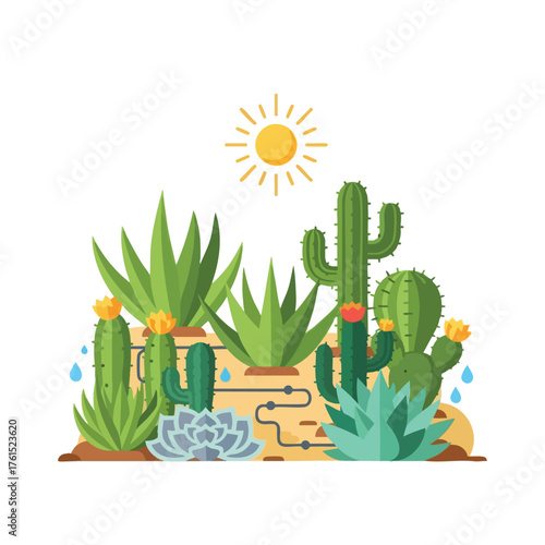 A vibrant desert scene with various cacti and succulents under a shining sun.