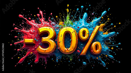 Colorful discount announcement showcasing thirty percent off in vibrant splashes of paint