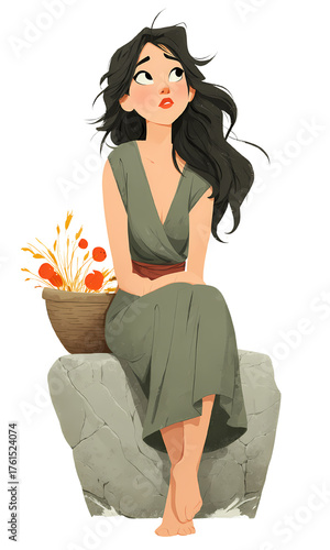 Primitive Woman Sitting, Long Dark Hair Portrait, Olive Green Dress Clothing, Basket With Flowers Wheat, Stone Age Rest Moment, Barefoot Simple Attire, Isolated Full Body Illustration
