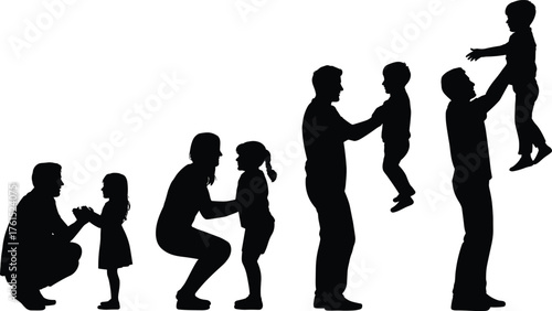 Parent child silhouettes, family interaction, growth stages, nurturing support, childhood development, parenting concept, lifestyle art, generational bond, education illustration