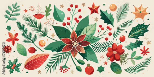Seamless winter holiday floral background with red and green holly berry ornament and leaf pattern for Christmas decoration