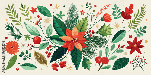 Floral nature decoration pattern with red and yellow tulips and holly berries