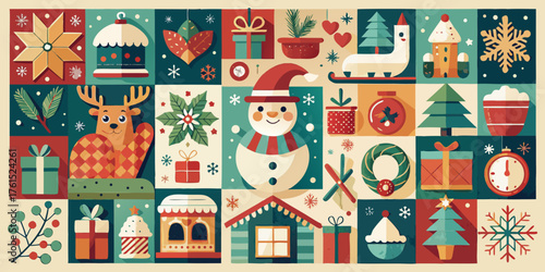 Cute vector illustration of Christmas tree pattern for a holiday greeting card with snow and snowman