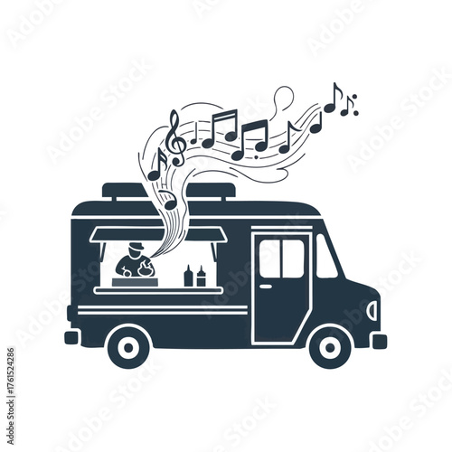 A dark silhouette of a food truck with music notes rising from it.