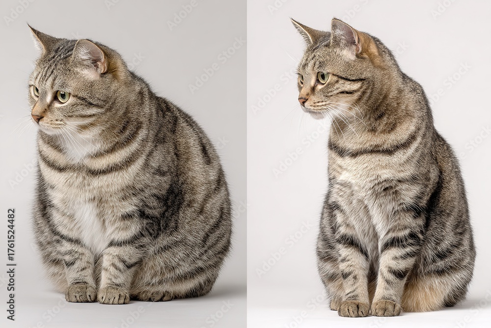 Obraz premium Before and after weight loss transformation of tabby cat sitting on neutral background