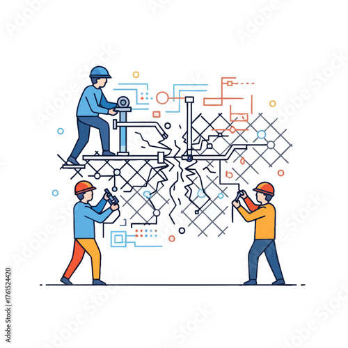 Workers in hard hats using tools and devices to repair a fractured grid.
