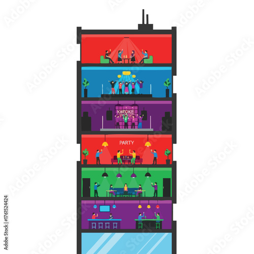 A multi-story building filled with people enjoying parties and karaoke.