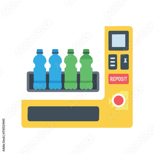 A yellow vending machine with blue and green drink bottles inside.