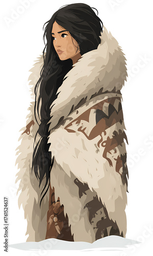 Indigenous Woman Standing, Winter Fur Coat Pattern, Long Dark Hair Hairstyle, Stone Age Primitive Clothing, Hunter Gatherer Fashion, Snow Cold Weather, Tribal Cultural Attire, White Background Isolate
