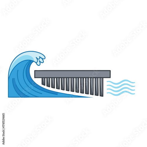 Stylized wave crashing against a modern barrier structure.