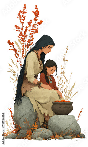 Stone Age Mother And Child, Sitting Together Outdoors, Gathering Red Berries, Primitive Family Life, Indigenous Bonding Moment, Traditional Clothing Stone, Rustic Nature Setting, Full Length Illustrat