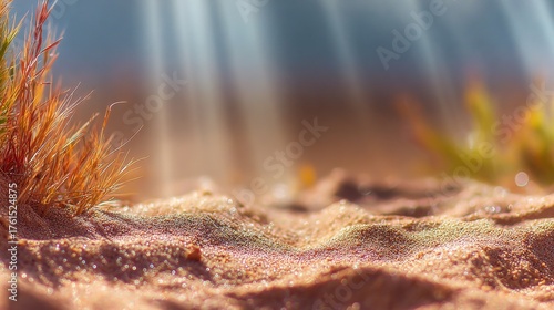 Beautiful sunlight shines on sandy terrain with grass and colorful texture