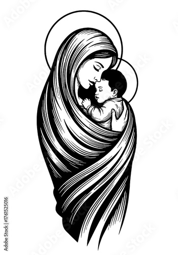 Our Lady Virgin Mary Mother of Jesus, Holy Mary, madonna, vector illustration, black on white background