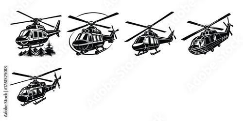 Set of black helicopter  silhouettes vector illustrations isolated on white background