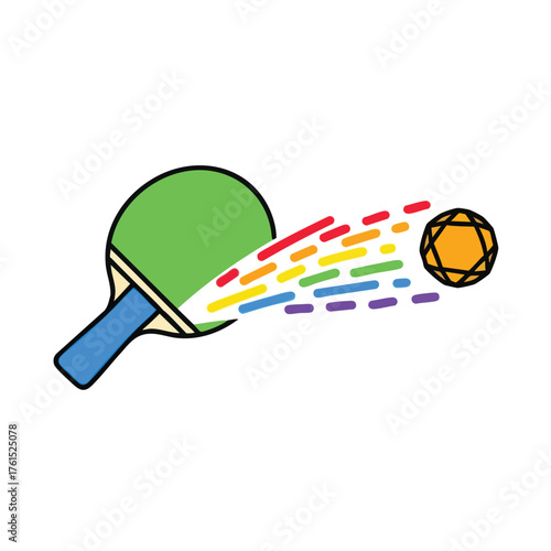 A ping pong racket hits a ball with rainbow trails.